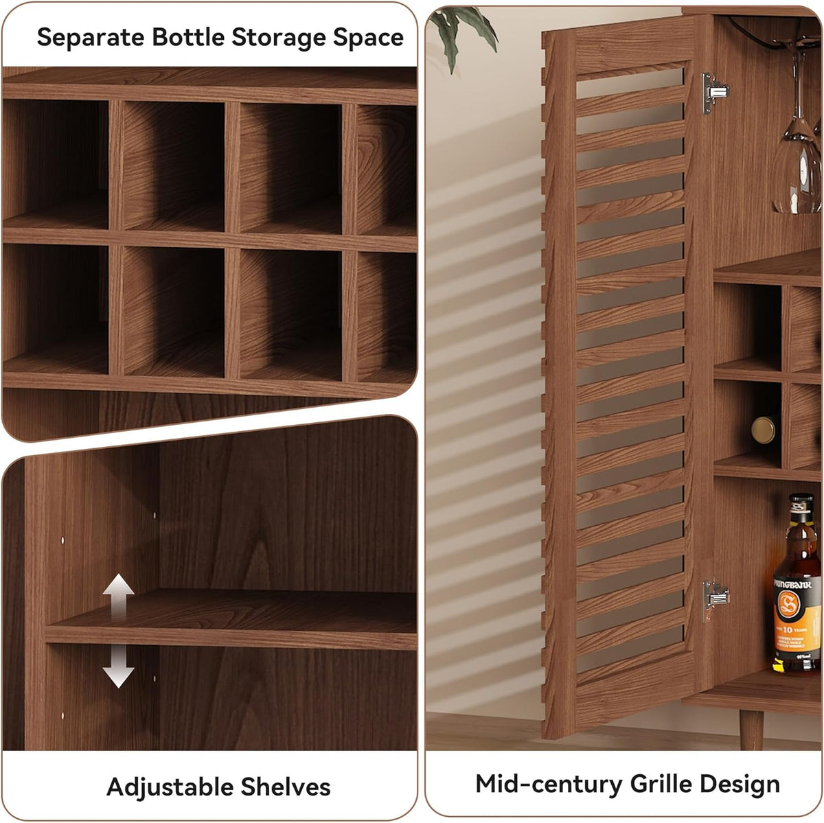 Mid Century Bar Cabinet with Wine Racks, Modern Liquor Cabinet with Slatted Doors for Dining Room