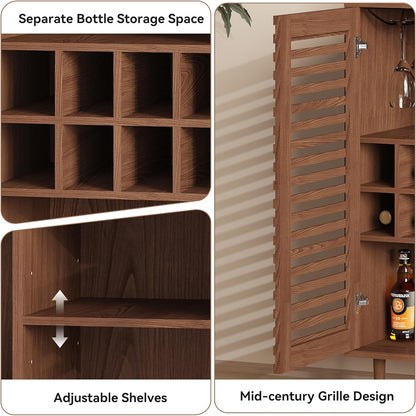 Mid Century Bar Cabinet with Wine Racks, Modern Liquor Cabinet with Slatted Doors for Dining Room