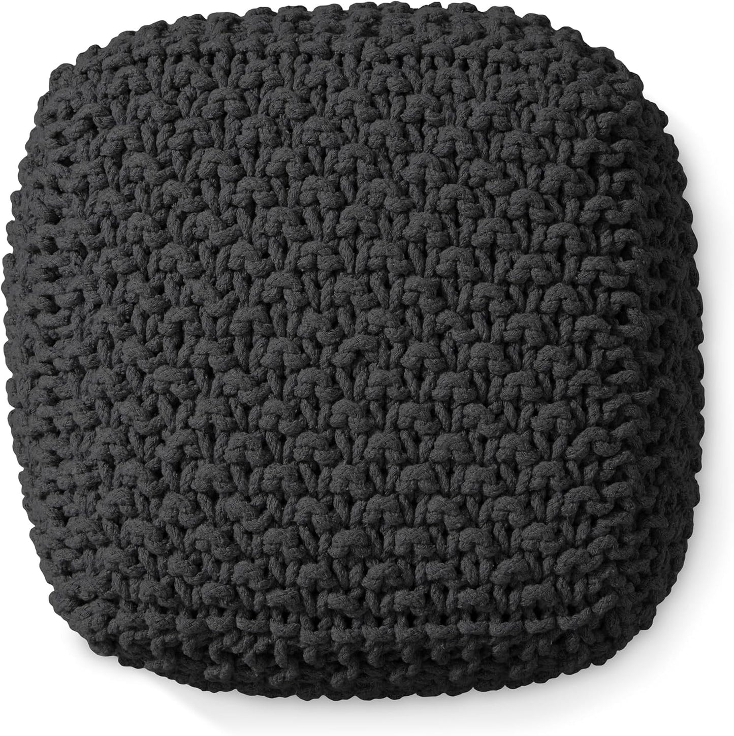 Casafield Square Pouf Ottoman, Black - 18.5" W x 18.5" D x 14.5" H Cotton Knit Foot Stool - Boho