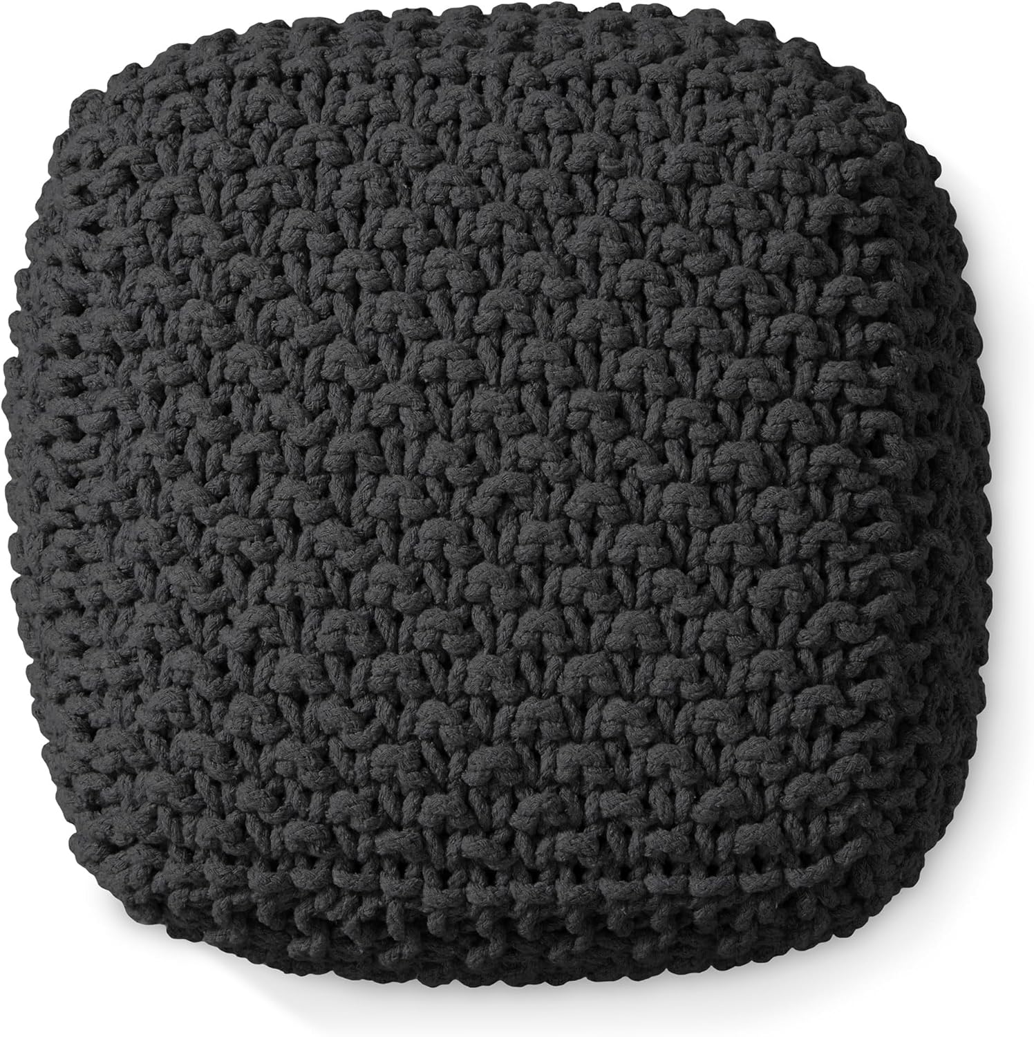 Casafield Square Pouf Ottoman, Black - 18.5" W x 18.5" D x 14.5" H Cotton Knit Foot Stool - Boho
