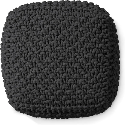 Casafield Square Pouf Ottoman, Black - 18.5" W x 18.5" D x 14.5" H Cotton Knit Foot Stool - Boho