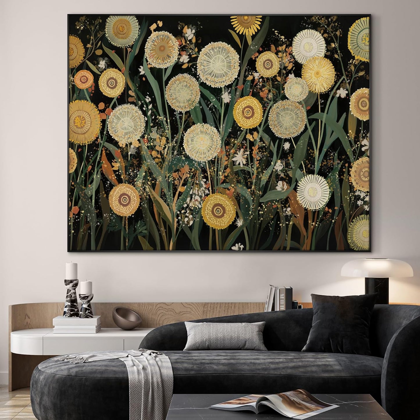 SIGNWIN 46"x60" Extra Large Framed Wall Art Whimsical Dandelion Field in Yellow and Green, Playful