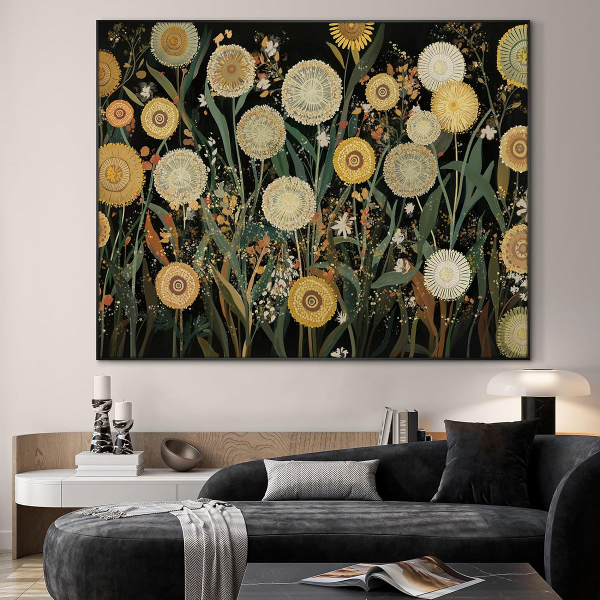 SIGNWIN 46"x60" Extra Large Framed Wall Art Whimsical Dandelion Field in Yellow and Green, Playful
