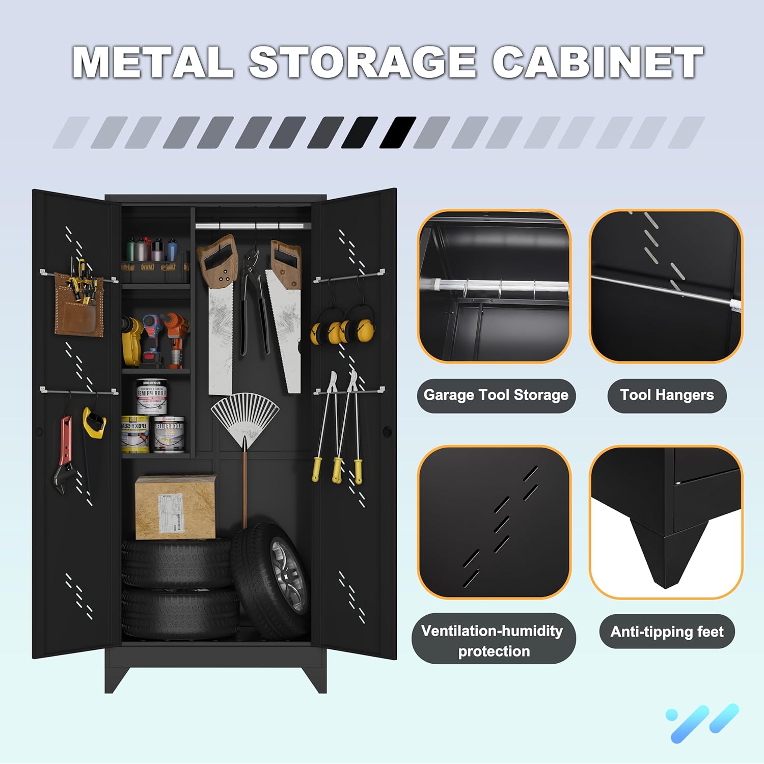 Metal Garage Storage Cabinet, 75” Cleaning Tool Cabinet with Hooks and Hanging Rods, Heavy Duty