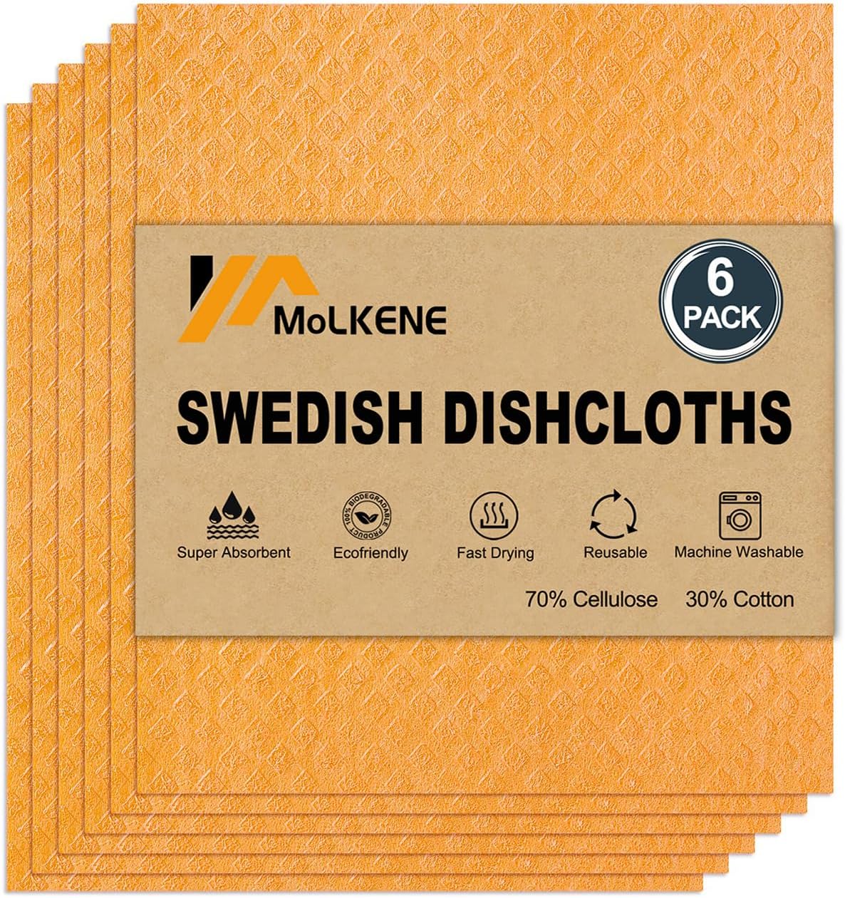 Swedish Dishcloths for Kitchen | 6 Pack Absorbent Cellulose Sponge Cloths Washable | Non-Scratch