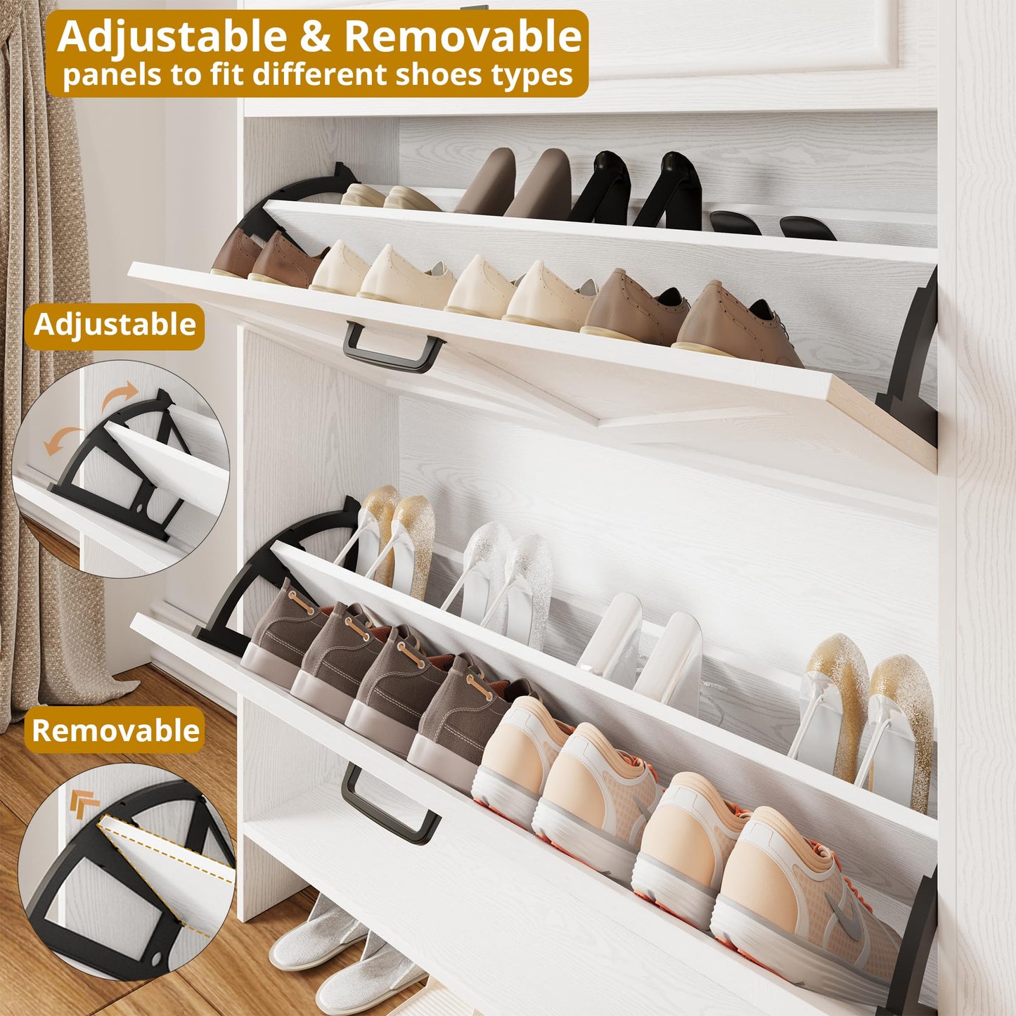 IRONCK Shoe Storage Cabinet with 2 Flip Drawers & Barn Door, White/Walnut