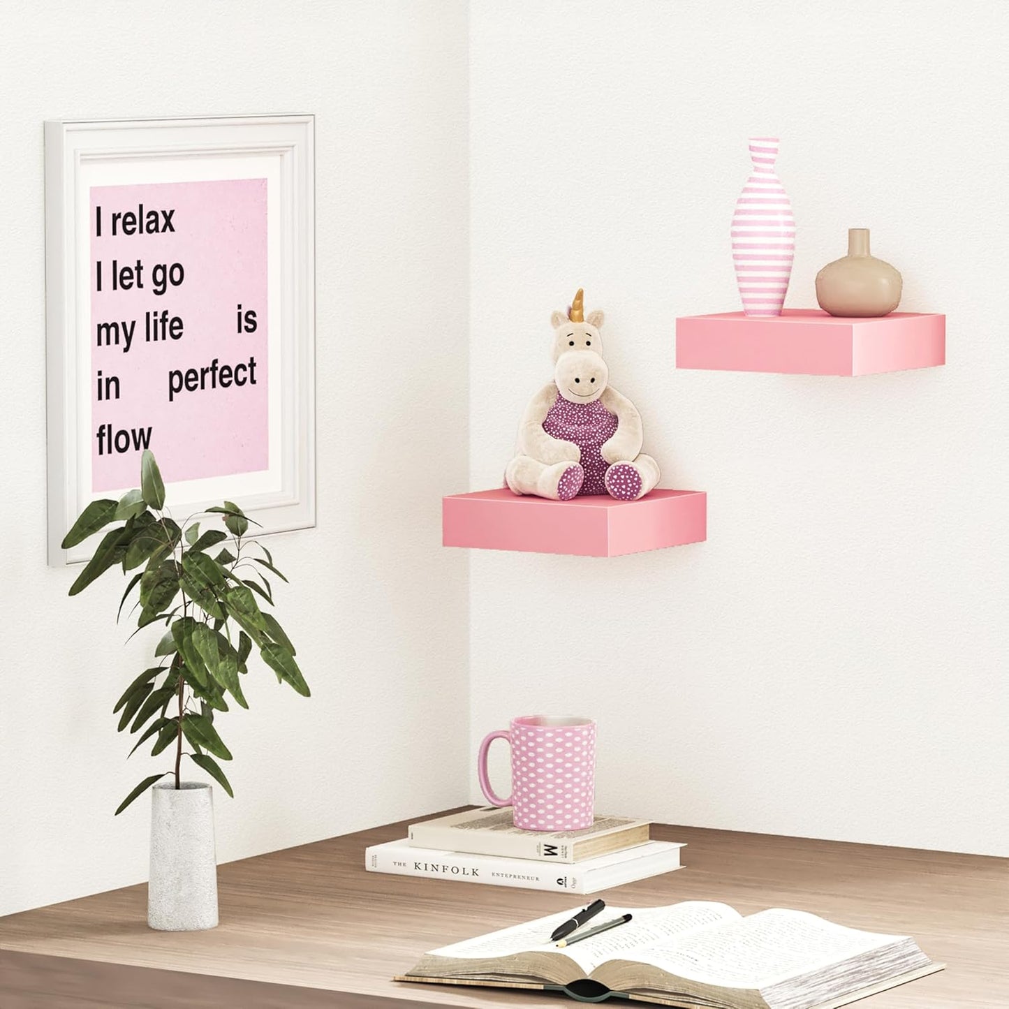 BAMEOS Pink Floating Shelves for Wall, 6" x 6" Wall Shelves for Room, Floating Book Shelves