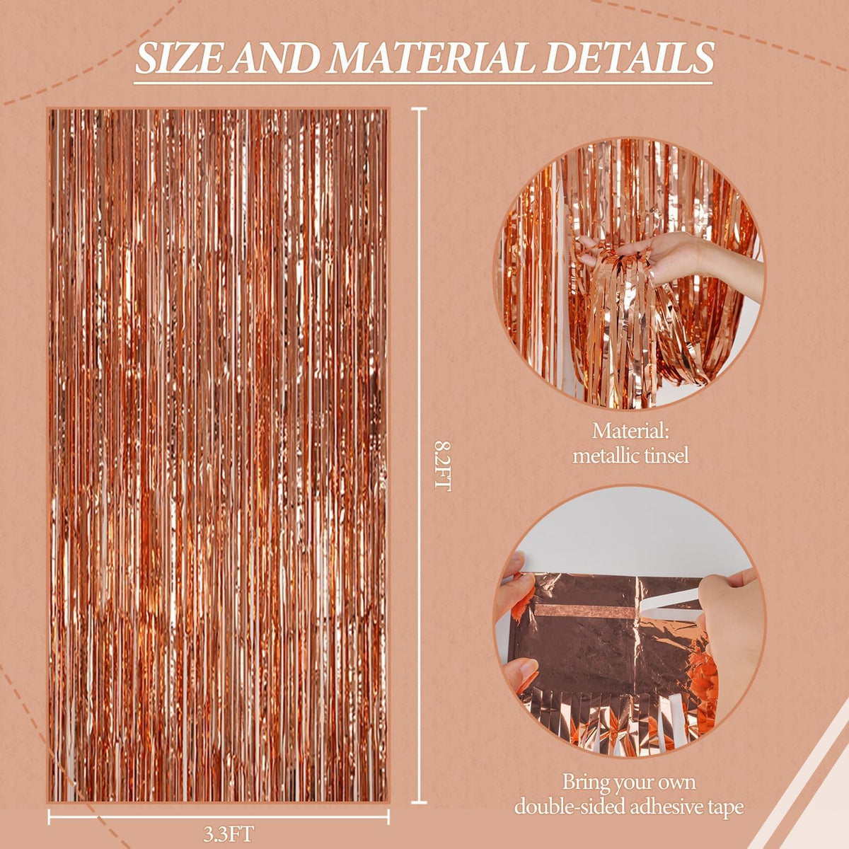 3 Pack Foil Fringe Backdrop - Rose Gold Shiny Tinsel Curtains for Party Decoration/Photo Booth