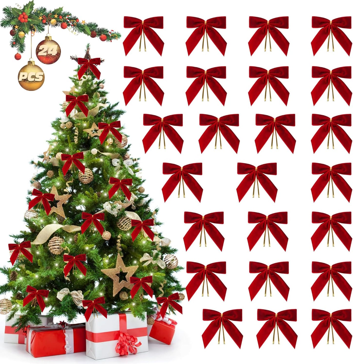 Burgundy Velvet Bows for Christmas Tree Decorations, 24 Pcs Premium Velvet Ribbon Bows, Christmas