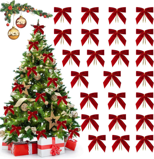 Burgundy Velvet Bows for Christmas Tree Decorations, 24 Pcs Premium Velvet Ribbon Bows, Christmas