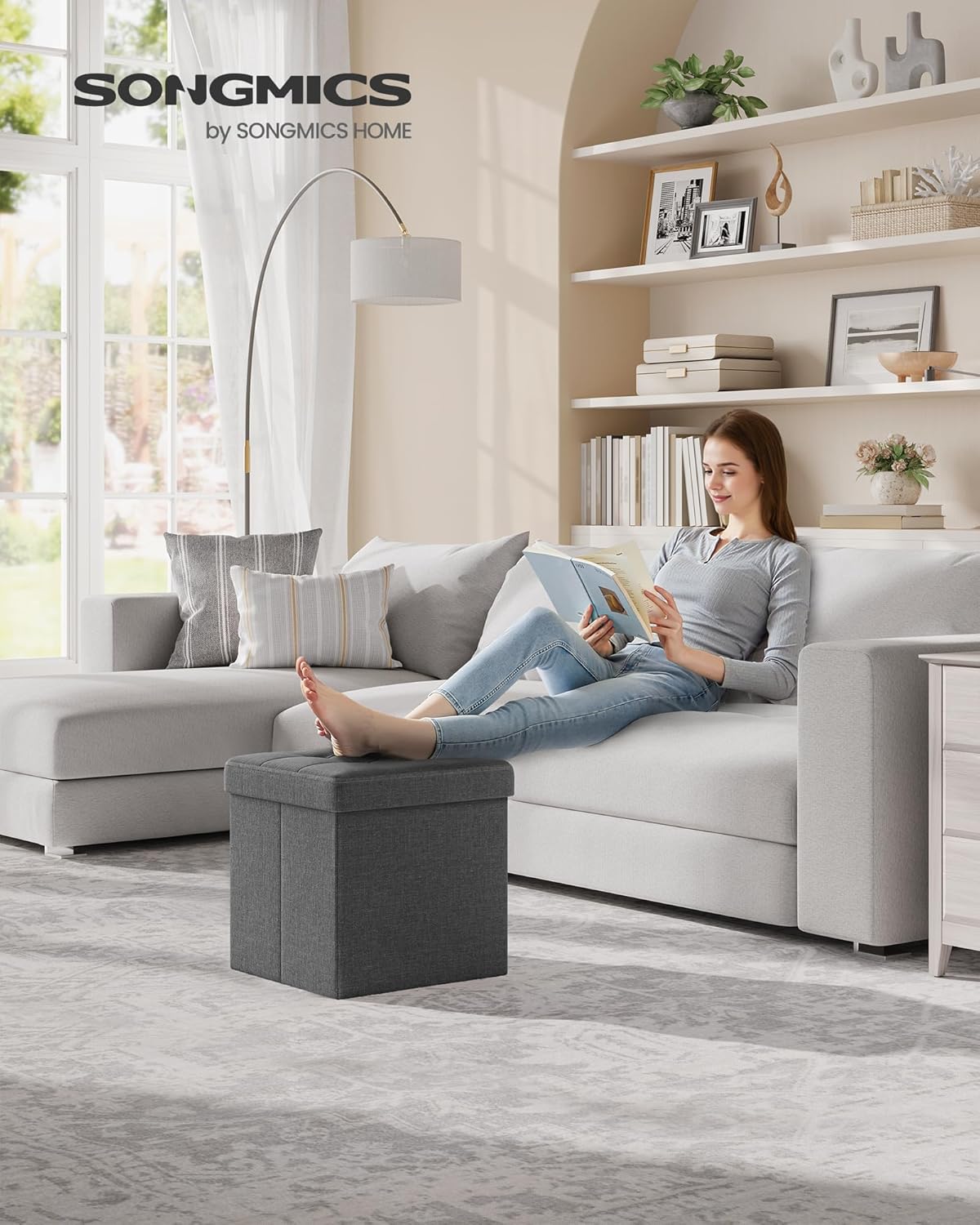 SONGMICS Folding Storage Ottoman Bench，38 x 38 x 38 cm， Ottoman Foot Rest, End of Bed Bench