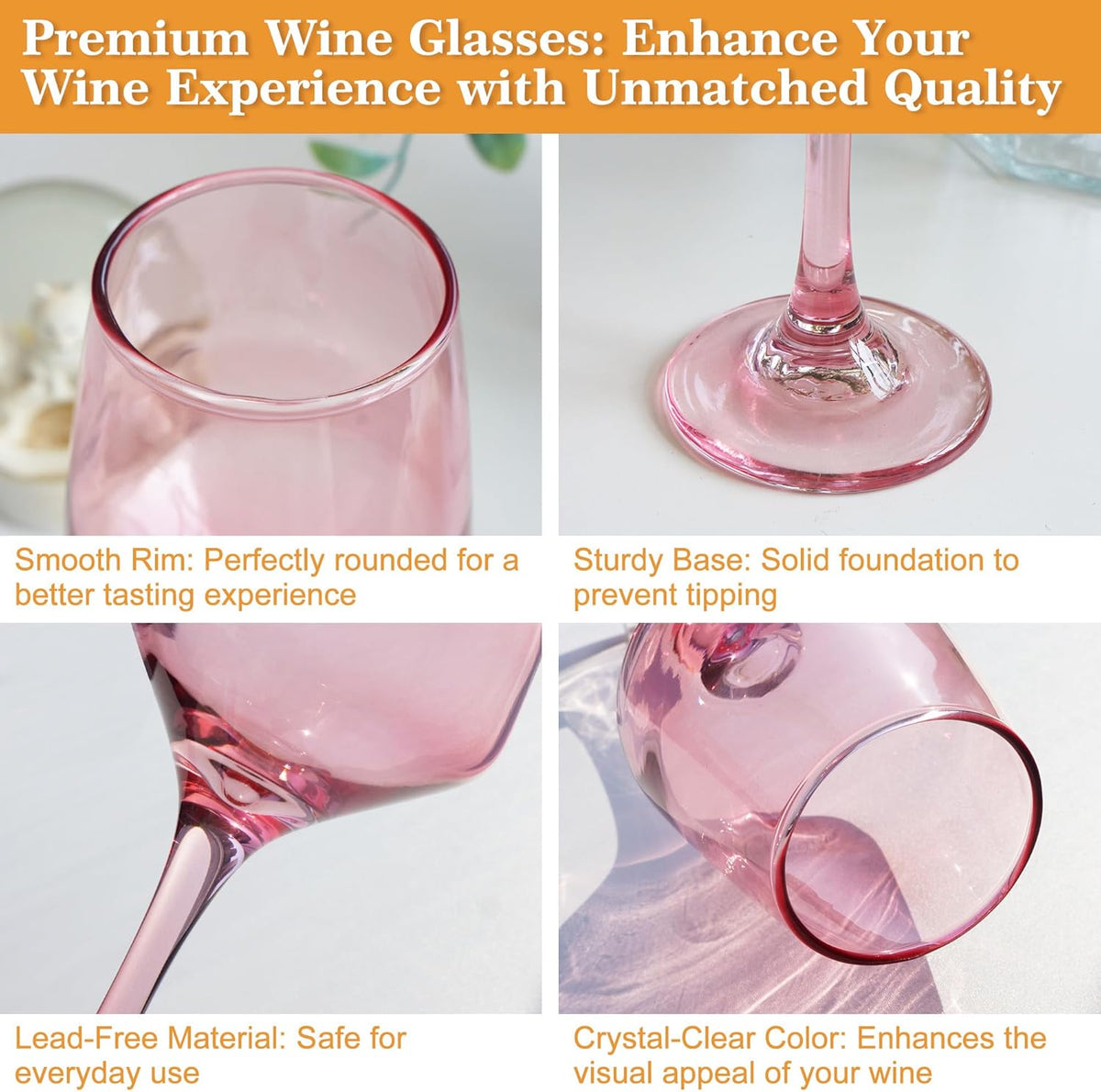Pink Wine Glasses Set of 6-12oz Pink Long Stem Wine Glass Cups, Pink Pretty Crystal Glassware, Hand