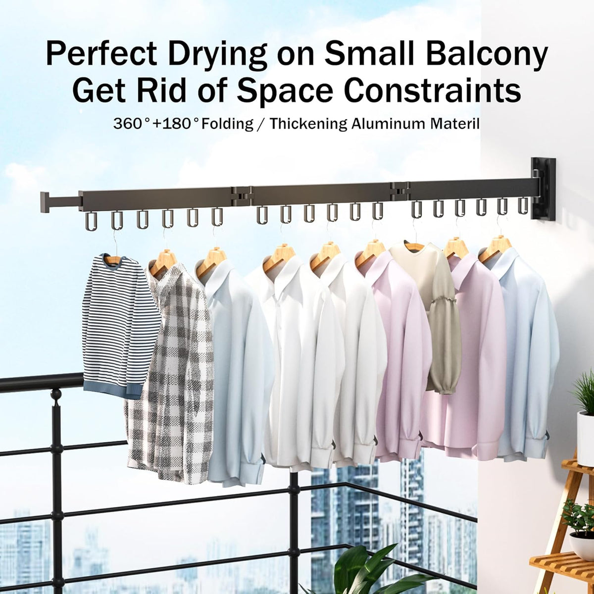Space Saver Clothes Drying Rack, Wall Mounted, Retractable, Collapsible(Tri-Fold), for Balcony