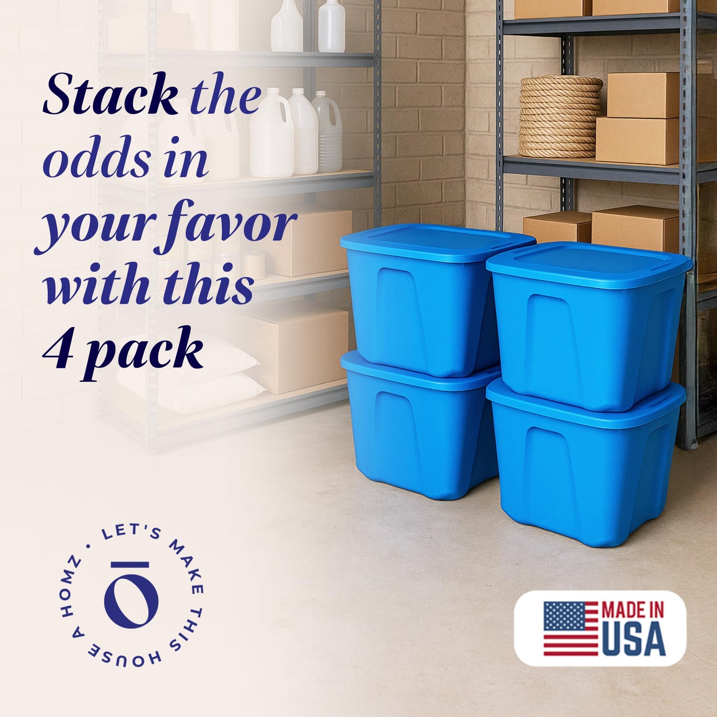 HOMZ 4-Pack Durable Molded Bin, Plastic Storage Containers w/Lids, 10 Gallon, Blue - Stackable