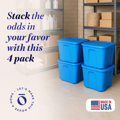 HOMZ 4-Pack Durable Molded Bin, Plastic Storage Containers w/Lids, 10 Gallon, Blue - Stackable