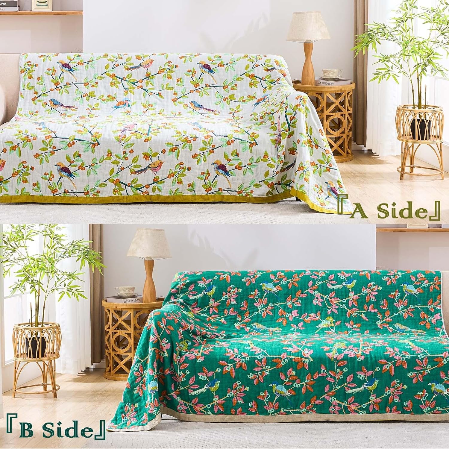 Boho Throw Blanket for Bed, 100% Cotton Soft Rustic Quilt Fall Blanket, 90"x98" Floral Printed