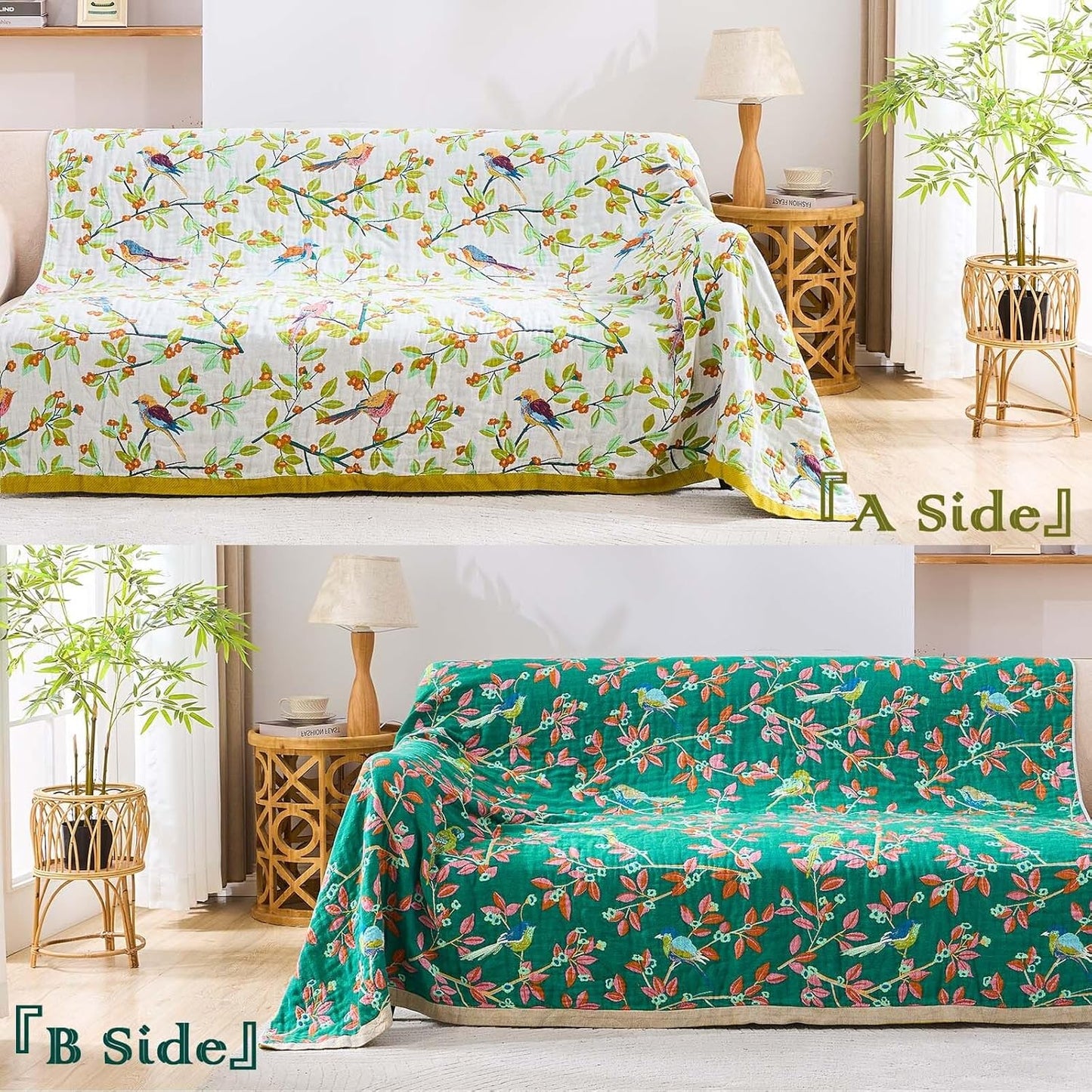 Boho Throw Blanket for Bed, 100% Cotton Soft Rustic Quilt Fall Blanket, 80"x90" Floral Printed