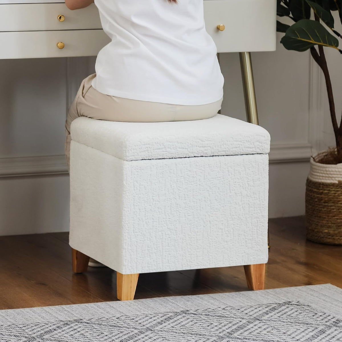 Adeco 18 Inch High Faux Fur White Cube Ottoman Storage, 3D Embossed Velvet Chair Foot Stools