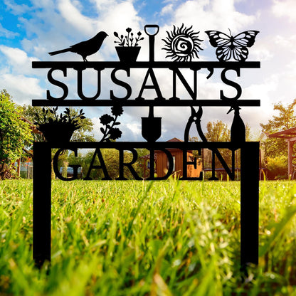Personalized Garden Sign, Custom Garden Tools Sign with Stakes, Garden Sign with Last Name