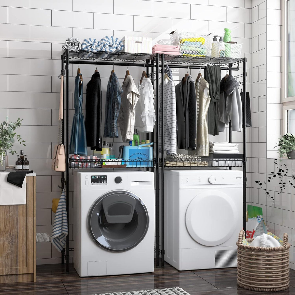 Xiofio Washer and Dryer Storage Shelf,Clothes Drying Rack,2 Tier Adjustable Height Storage Wire