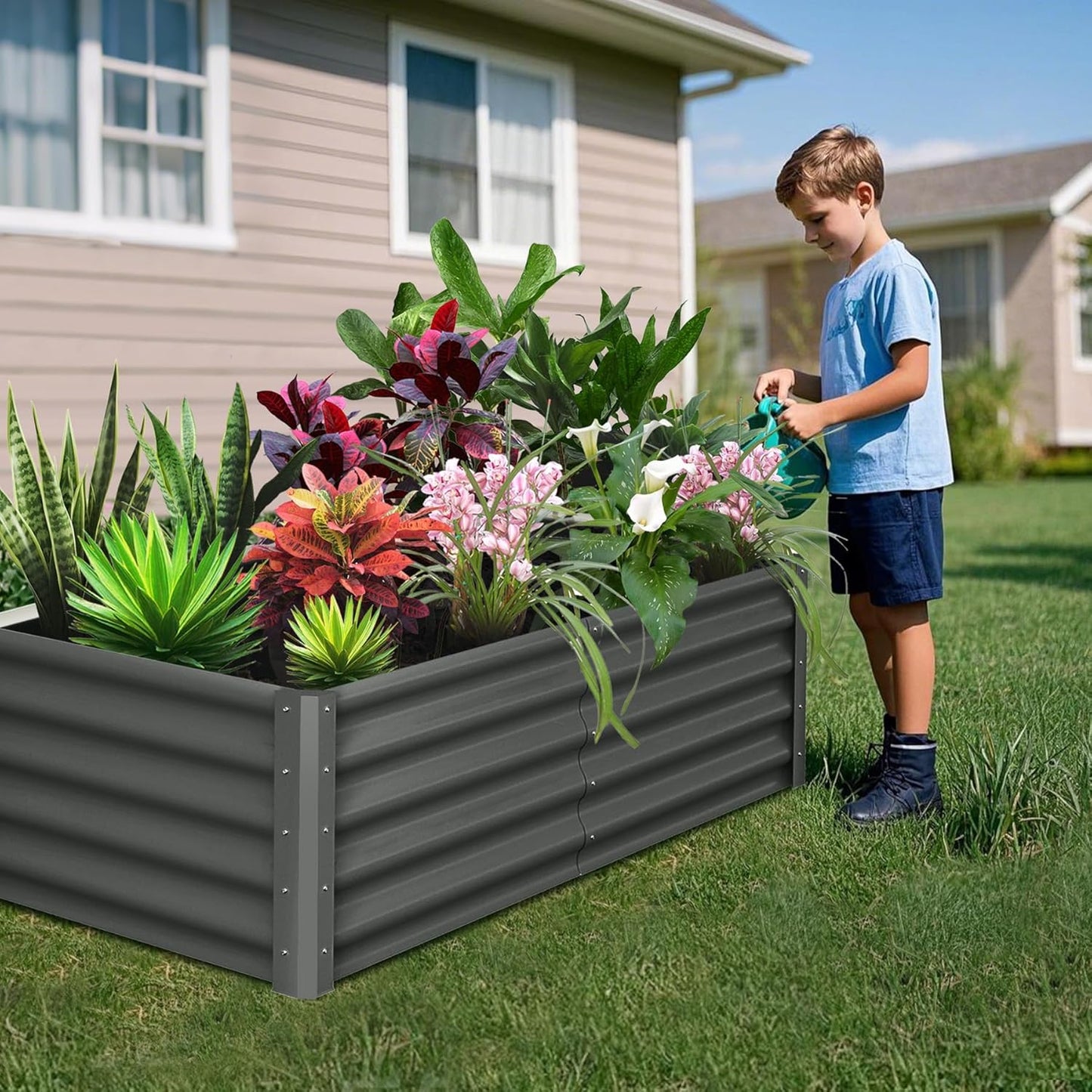 Large Outdoor Planter Boxes Kit Set of 2,6x3x1.5ft Galvanized Raised Bed Planter with Open-Ended