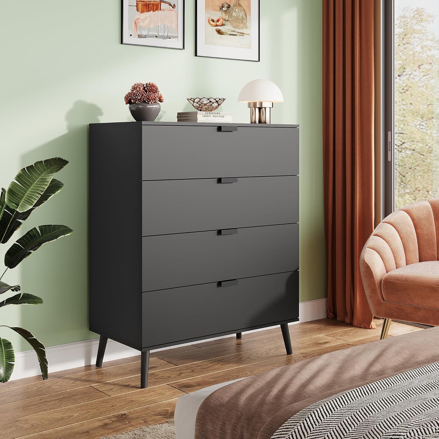 WLIVE 4 Drawer Dresser for Bedroom, Tall Wood Dresser, Modern Black Dressers with Sturdy Metal