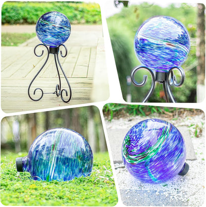 VCUTEKA Glass Outdoor Gazing Globe, Blue and Green Hand Painted Swirled Sphere for Patio Garden