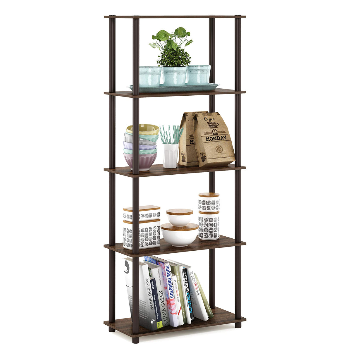 Furinno TURN-N-TUBE Storage Shelves, 5-Tier Book Shelf, Corner Shelf, Toolless Open Shelves, for