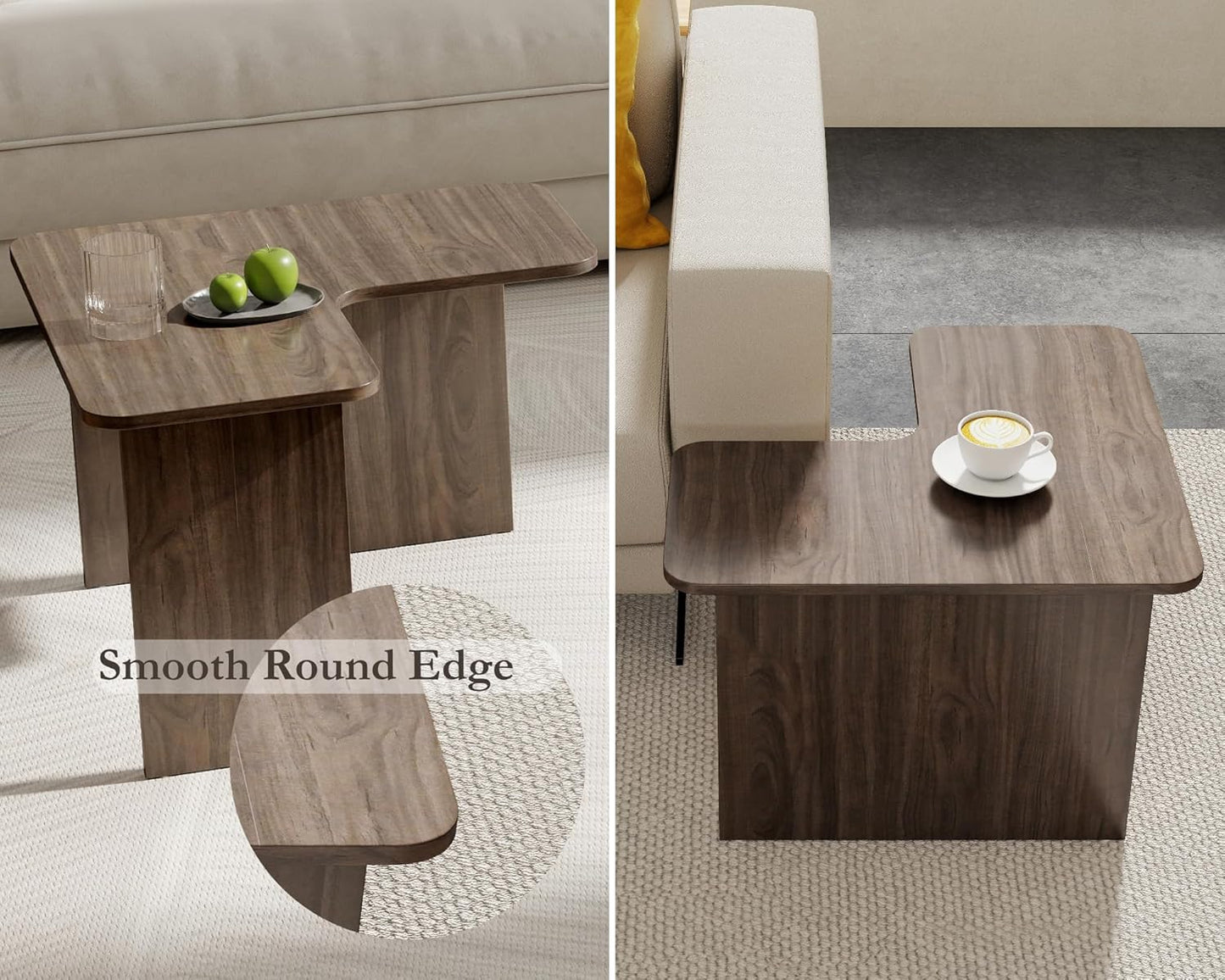VESCASA Modern L Shaped Nesting Coffee Table Set of 2 Modular Rectangle Walnut Wood Table for