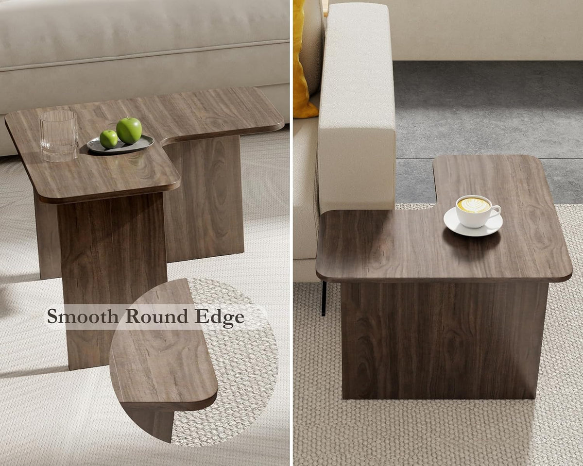 VESCASA Modern L Shaped Nesting Coffee Table Set of 2 Modular Rectangle Walnut Wood Table for