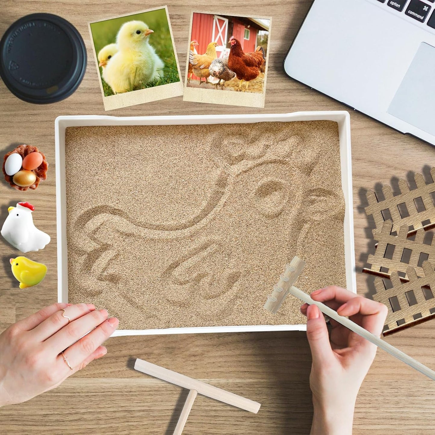 Threeheng Chicken Zen Garden Kit - Sand Tray Therapy Kit with Miniature Chicken Coop, Hen