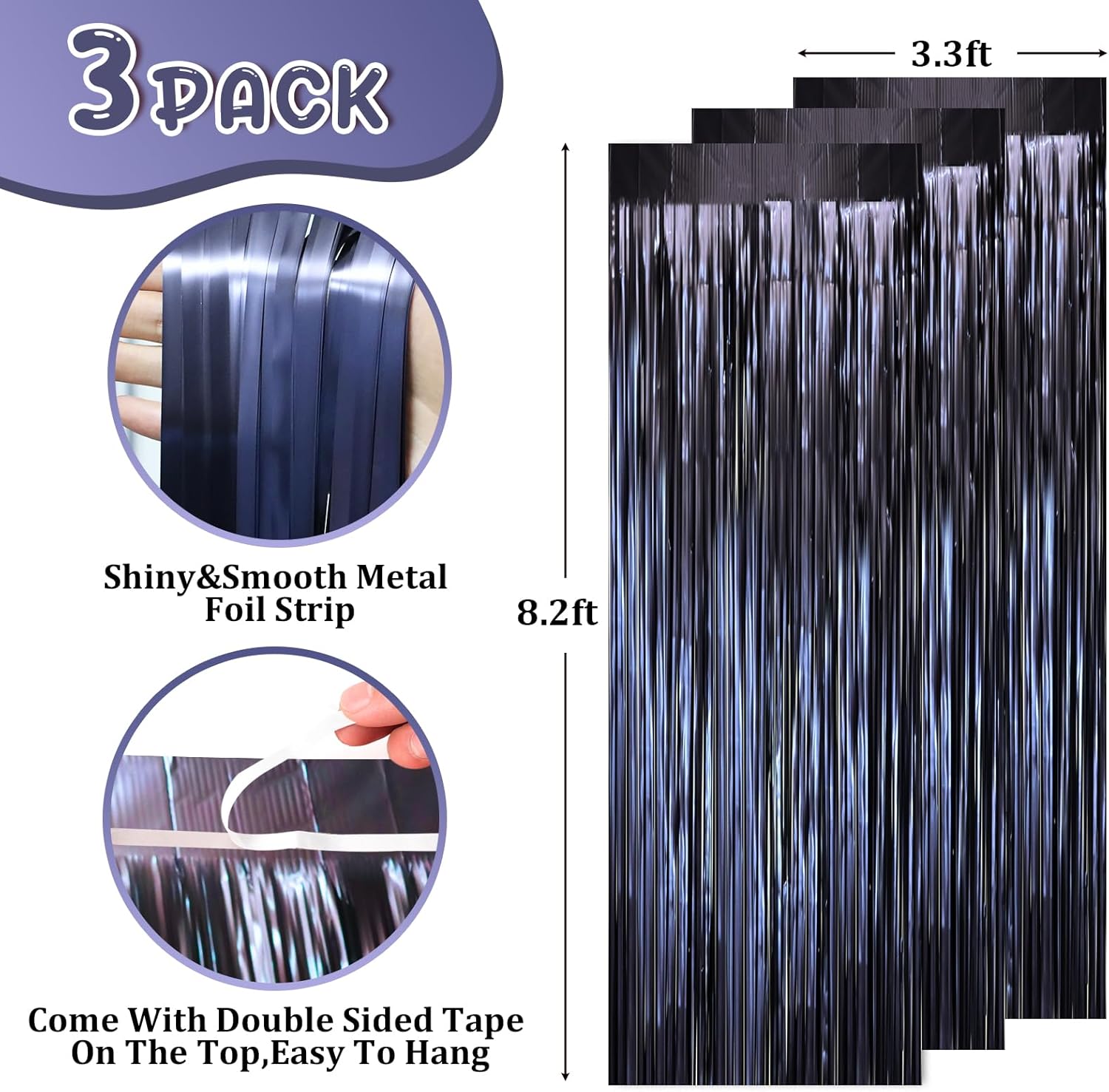 3 Pack 3.3 x 8.2 ft Matte Blue Foil Fringe Curtains, Dark Blue Tinsel Streamers Batman Party
