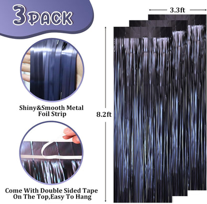 3 Pack 3.3 x 8.2 ft Matte Blue Foil Fringe Curtains, Dark Blue Tinsel Streamers Batman Party