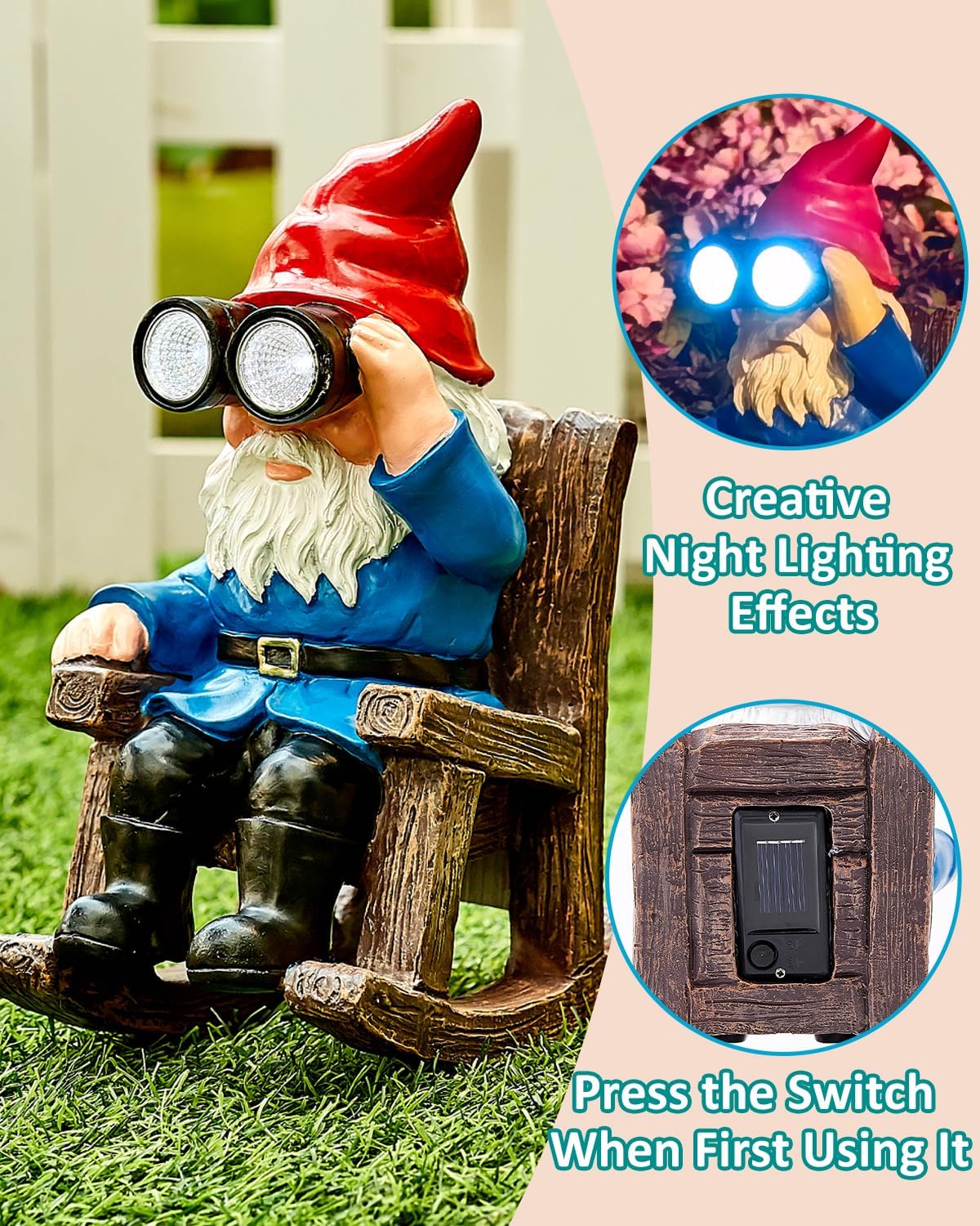 Solar Garden Gnome Statues Resin Gnome Figurines Sitting on Rocking Chair Outdoor Telescope Gnome