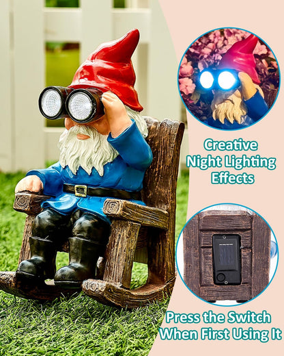 Solar Garden Gnome Statues Resin Gnome Figurines Sitting on Rocking Chair Outdoor Telescope Gnome