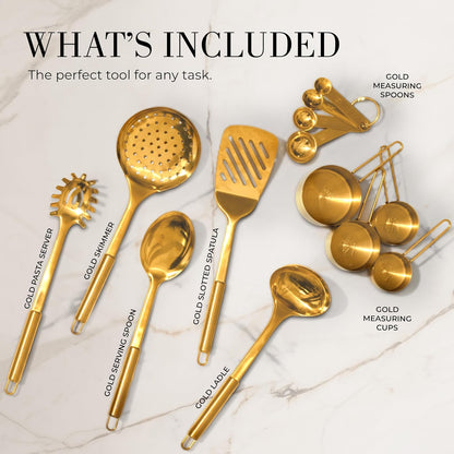Gold Cooking Utensils with Measuring Cups and Spoons Set - 13-Piece Luxury Gold Kitchen Accessories