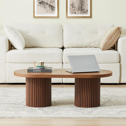 Oval Fluted Coffee Table, Farmhouse Wood Coffee Table Mid Century Modern Center Table Boho Living