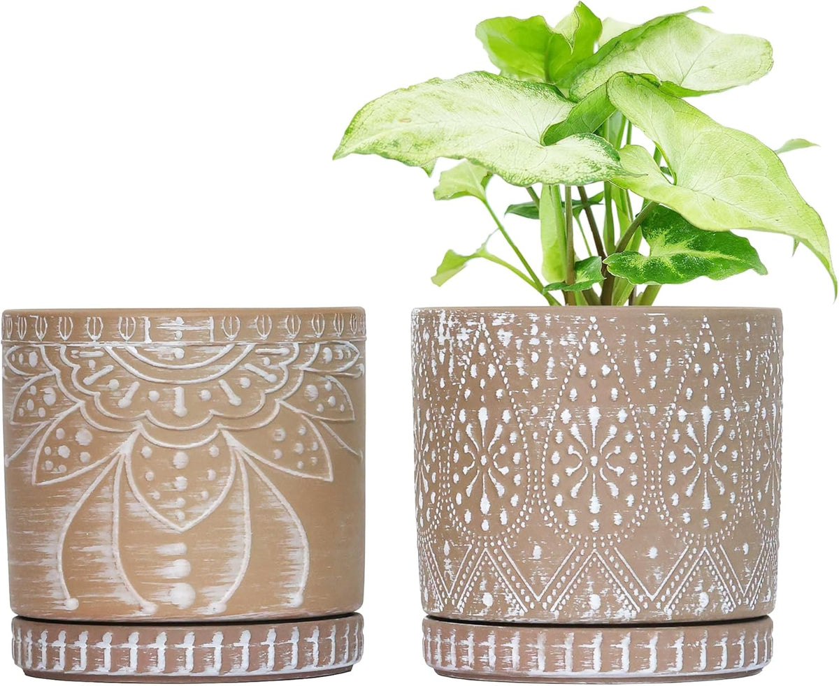 6 Inch Indoor Plant Pots with Drainage Holes and Saucers, Ceramic Planter for Plants, Flower Pot