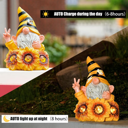 Garden Sculptures & Statues Resin Summer Bee Gnome with Sunflower, Outdoor Funny Decoration Solar