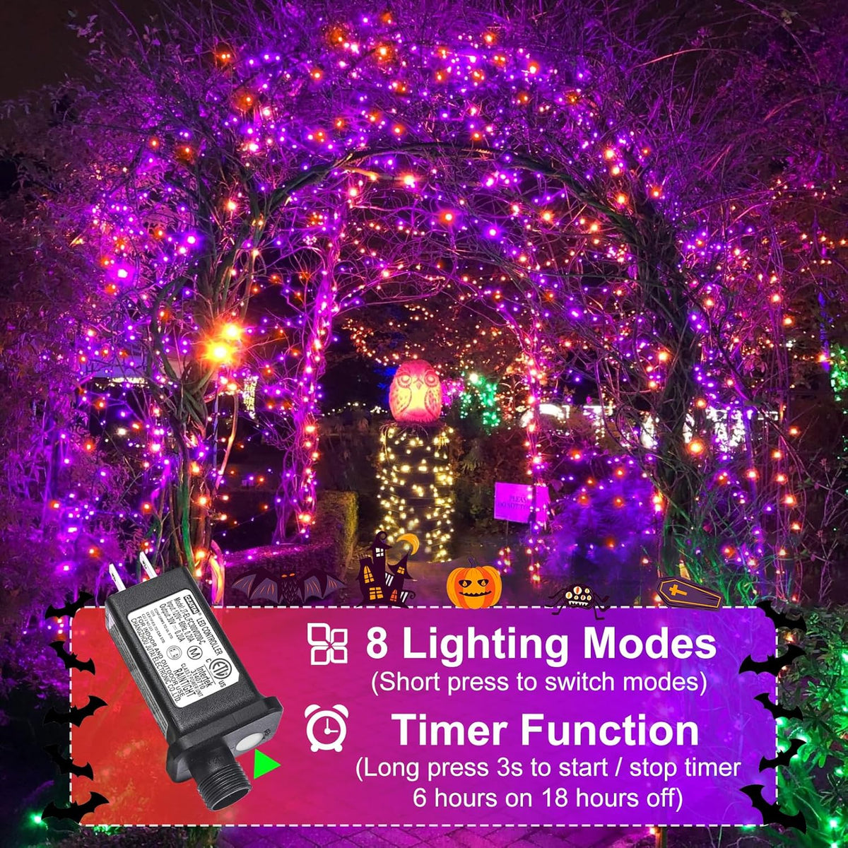 Purple and Orange Halloween Lights, 100FT 300 LED String Lights for Outside with 8 Modes