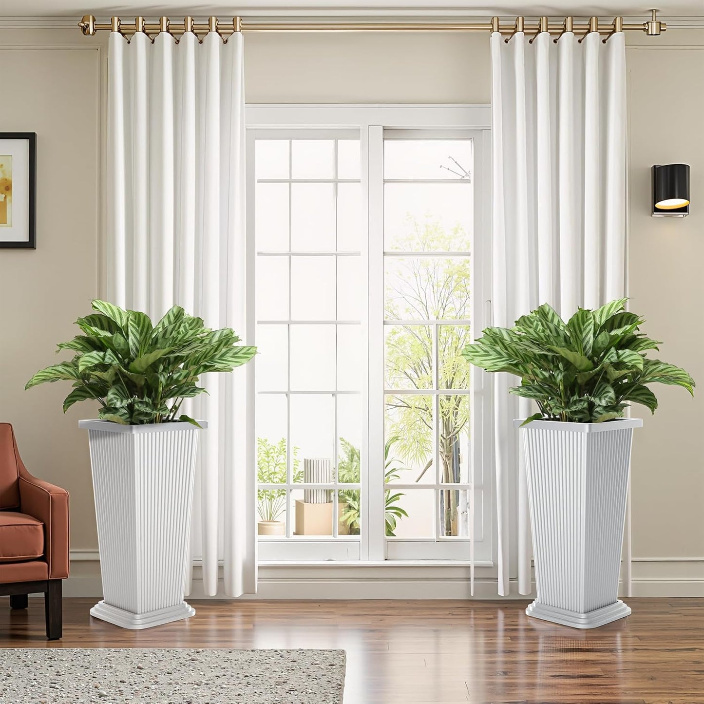 FENCY Set of 2 Tall Planters for Outdoor Plants, 24 Inch Large Tapered Pots with Drainage Trays