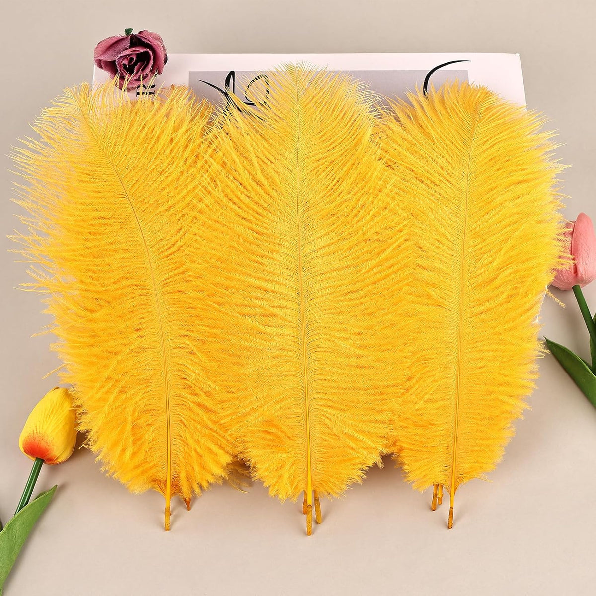 THARAHT Golden Yellow Ostrich Feathers 12pcs Natural Bulk 8-10Inch 20cm-25cm for Crafts Wedding