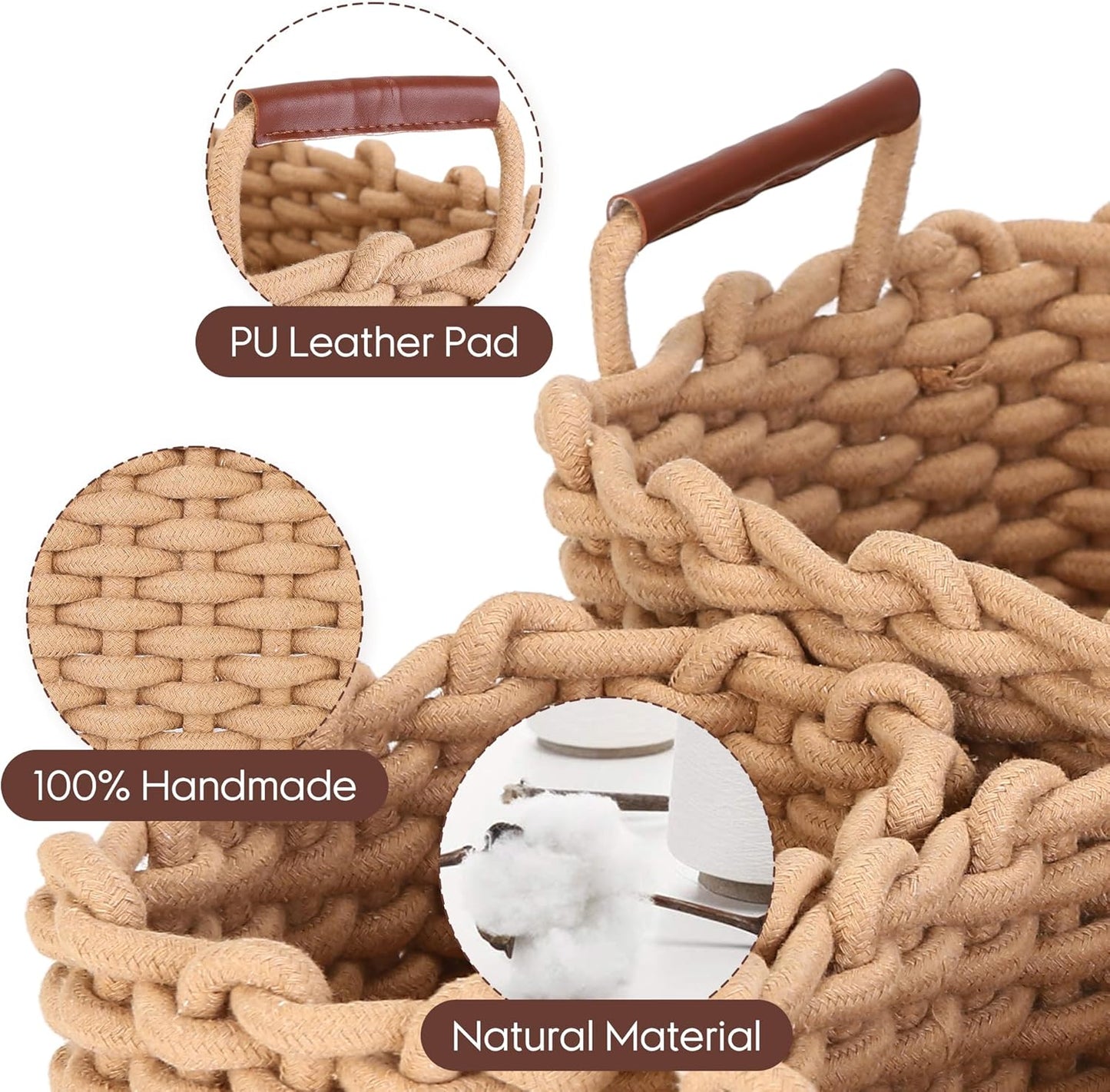 Sea Team 3-Pack Rectangle Woven Cotton Rope Storage Baskets with Handles, Shelf Basket, Closet
