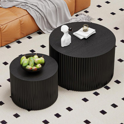 Round Nesting Coffee Table Wood Drum Nesting Tables Modern Stacking Coffee Table Set of 2 Fluted