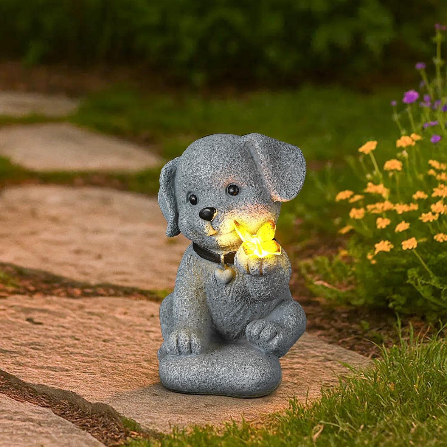 Solar Puppy Dog Garden Decor - Cute Pet Memorial Statue, Auto On/Off LED Light, Weatherproof Resin