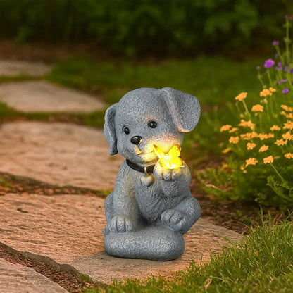 Solar Puppy Dog Garden Decor - Cute Pet Memorial Statue, Auto On/Off LED Light, Weatherproof Resin