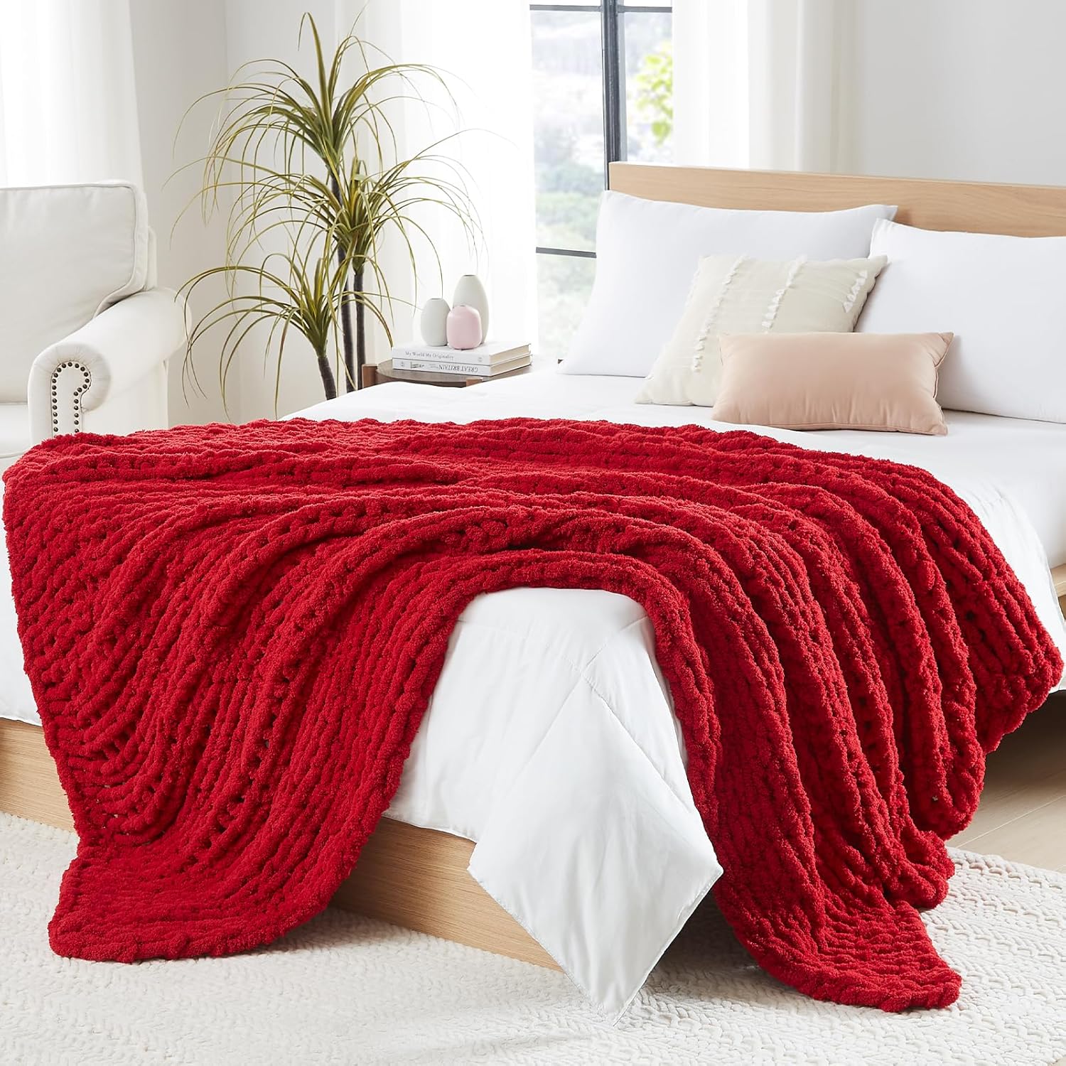 L'AGRATY Chunky Knit Blanket Throw: 80''x90'' Chenille Chunky Knitted Throw Blanket for Bed Couch