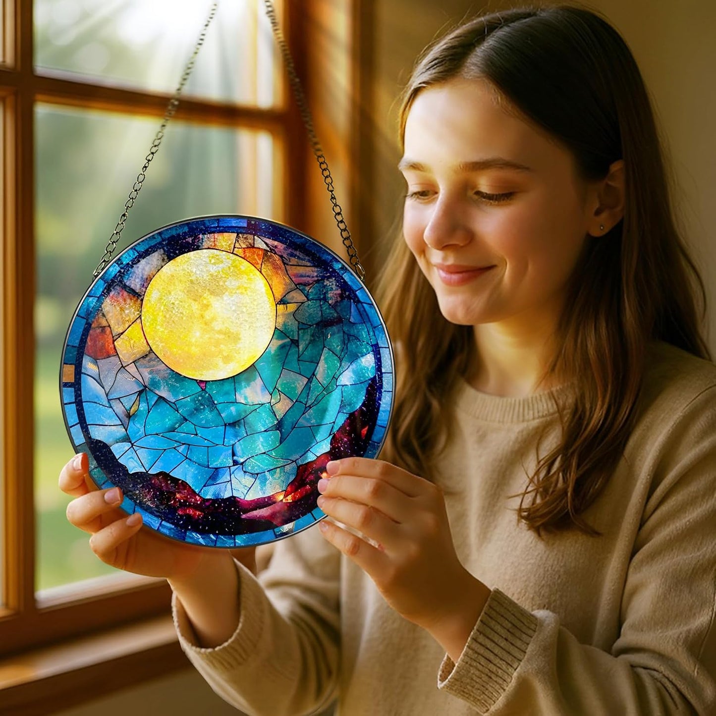 Stained Glass Window Hanging - 8 Inch Full Moon Suncatcher for Window Doors Home Decoration