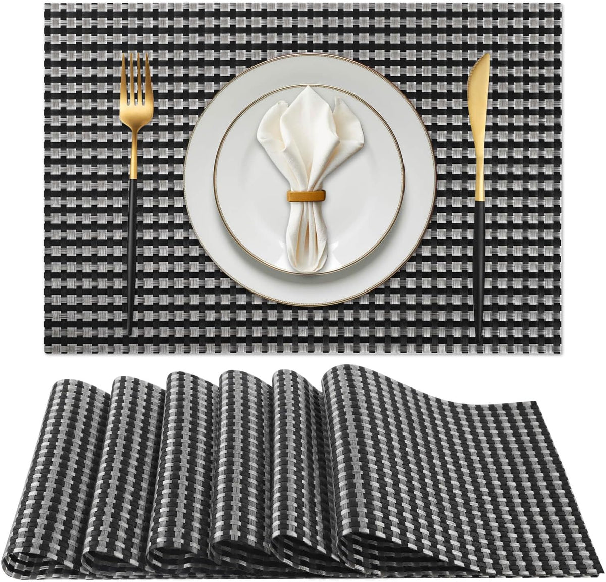Vinyl Plastic Placemats Set of 6 Washable Heat Resistant Non-Slip Elegant Indoor Outdoor Kitchen