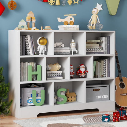Book Shelf, 10 Cubes Storage Organizer, 3-Tier Open Shelf Wooden Bookcase, Freestanding White